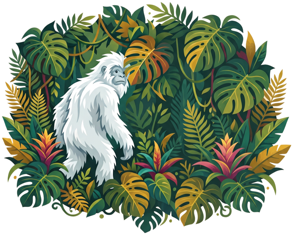 A white yeti in a lush tropical jungle — Wonderyeti